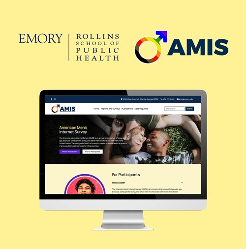 A computer screen displays the AMIS survey website, showcasing Atlanta creative agency portfolio flair with Emory Rollins School of Public Health and AMIS logos on a yellow background.