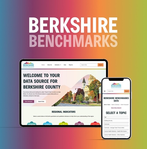 A tablet and smartphone display the Berkshire Benchmarks website against a rainbow gradient, showcasing an Atlanta web design portfolio with “BERKSHIRE BENCHMARKS” in bold white text above the devices.