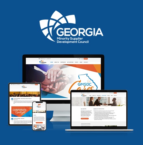 Georgia Minority Supplier Development Council logo above four devices showcasing their website on a blue background, highlighting an Atlanta web design portfolio with a desktop monitor, laptop, tablet, and smartphone.