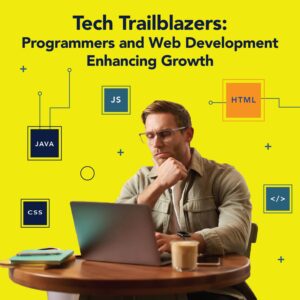 A web developer sitting on a laptop. Text on the left side reads, "Tech Trailblazers: Programmers and Web Development Enhancing Growth" JS, CSS, HTML, JAVA, and coding icons are positioned around him in the background.