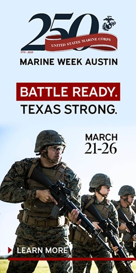 U.S. Marines in uniform hold rifles while walking in formation. The text reads: "250 United States Marine Corps, Marine Week Austin, Battle Ready. Texas Strong. March 21-26." A "Learn More" button is at the bottom.