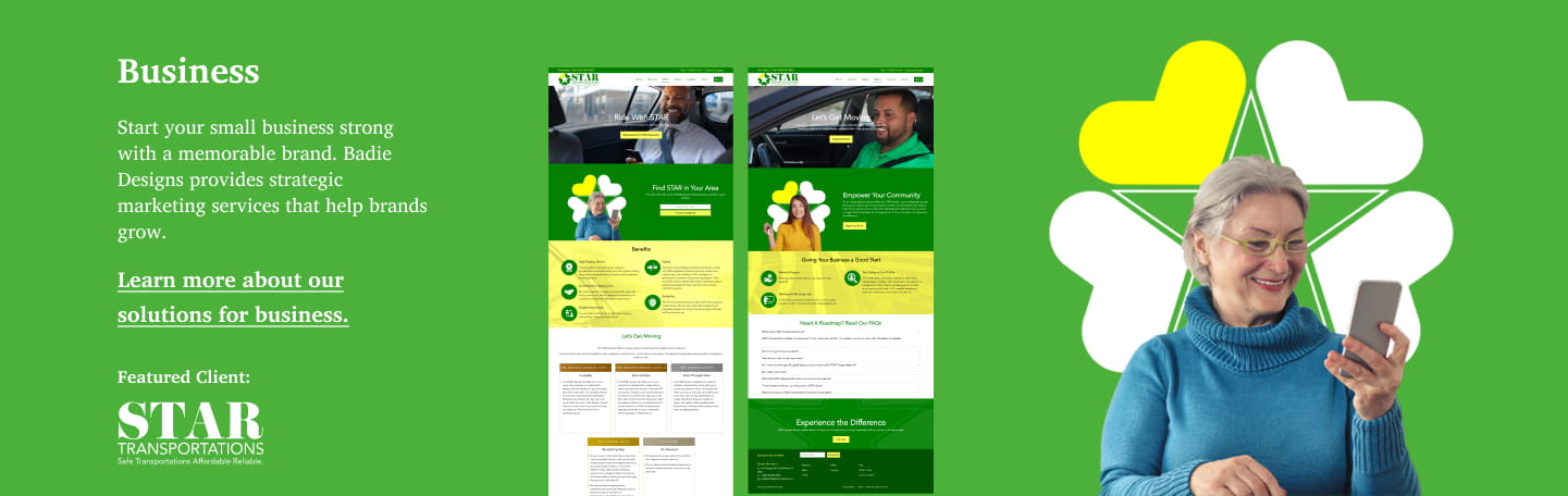 A woman smiles at her phone. On the left, text promotes business marketing services by Atlanta Creative Agency with website previews and a green-yellow star logo for STAR TRANSPORTATIONS, highlighting brand growth solutions.